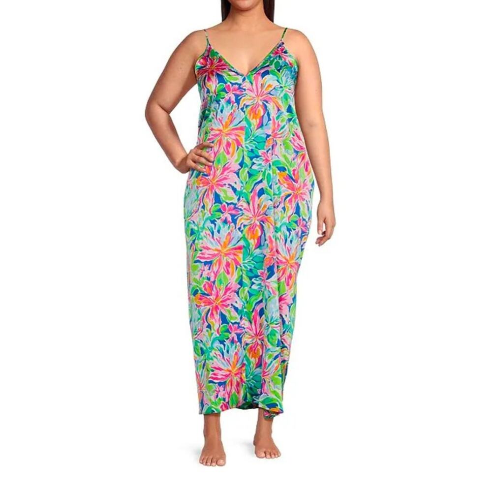 VAN WINKLE & CO. Tropical Floral Woven Satin V-Neck Sleeveless Maxi Chemise 3X